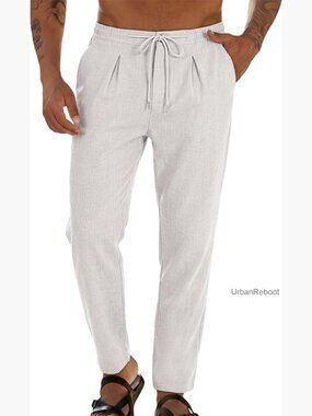 Mens Casual Linen Pants Drawstring Elastic Waist Loose Fit Lightweight Summer